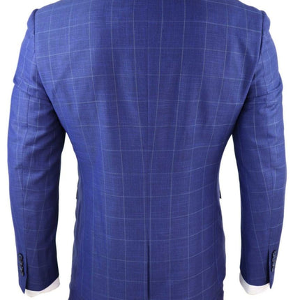 Mens 3 Piece Royal Blue Check Vintage Retro Suit