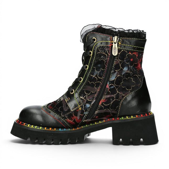 Laura Vita Women's Gothic Floral Black Leather Combat Boots - Oyao-11