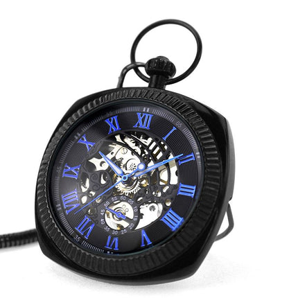 Mechanical Black Blue Vintage Skeleton Square Open-Face Pocket Watch
