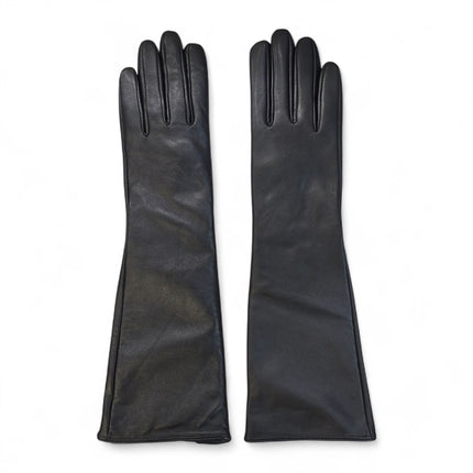 Womens Long Black Italian Leather Winter Soft Wool Lining Gloves