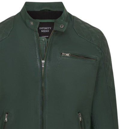 Mens Green Leather Quilted Shoulder Biker Jacket - Rock