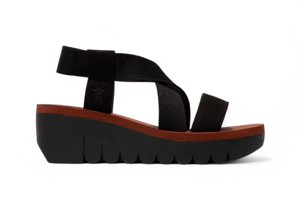 Fly London Women's Yabi922Fly Black Brick Cupido Leather Wedge Sandals