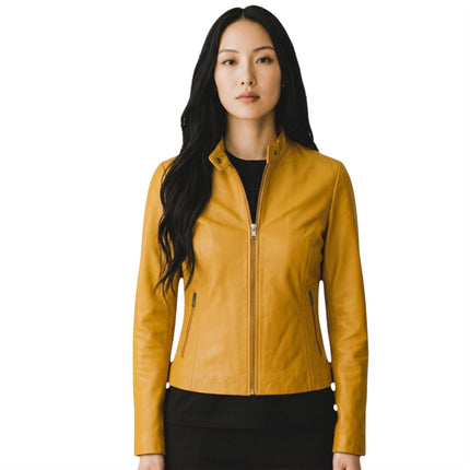 Womens Yellow Leather Stand Collar Racer Biker Jacket - 181