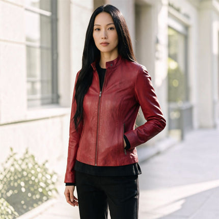 Womens Red Leather Stand Collar Racer Biker Jacket - 181