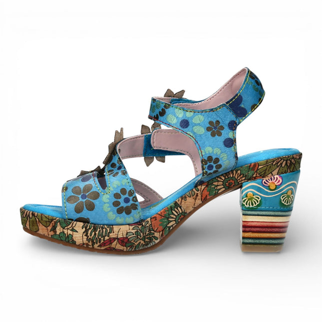 Laura Vita Women's Nellao 33 Blue Floral Leather Wedge Heel Espadrille Sandals