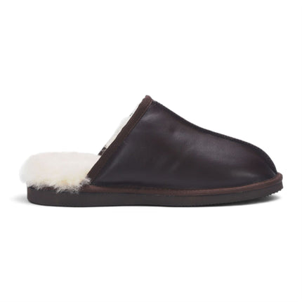 Men's Brown Genuine Lamb Leather Slippers Real Fur Mule Winter Slippers - Highland