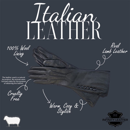 Womens Long Black Italian Leather Winter Button Design Soft Wool Lining Gloves - L-GLV-201