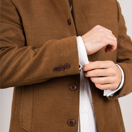 Men's Brown Stand Collar Wool Blend Overcoat