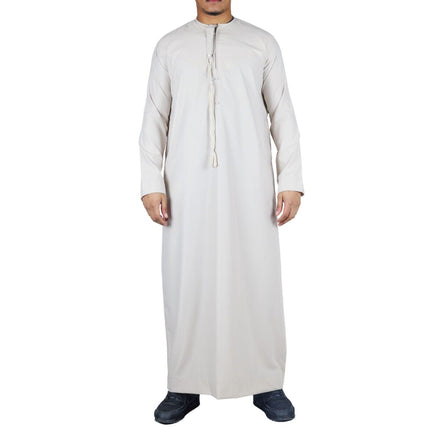 Men's Beige Thobe Emirati Islamic Jubba Robe Eid Tassel Slim Fit