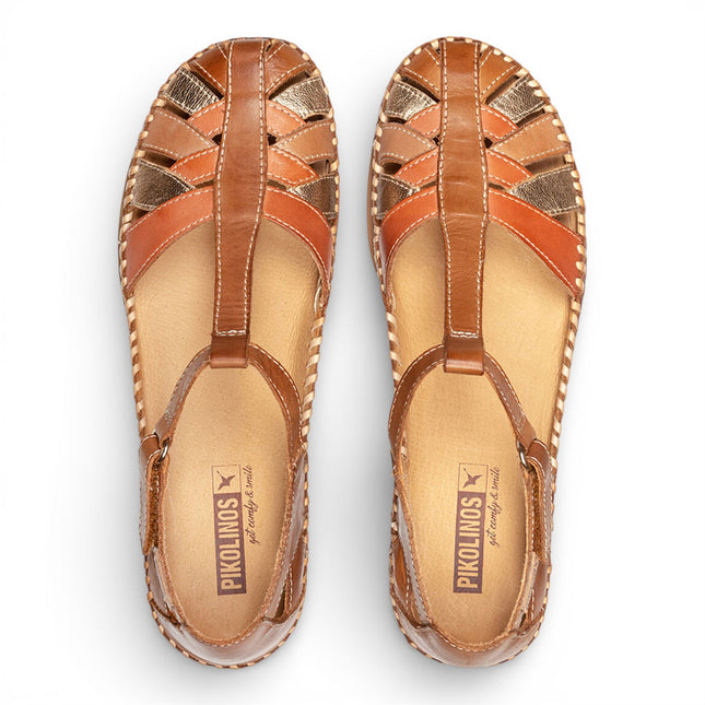 Pikolinos Women's Brown Leather Semi-Open Wedge Sandal Shoes - Cadaques