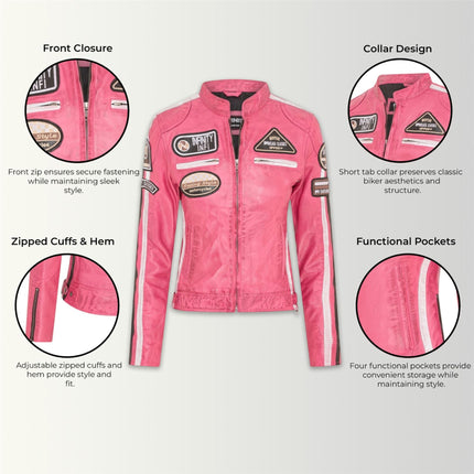 Womens Biker Racing Badges Fuschia Leather Jacket-Eastleigh