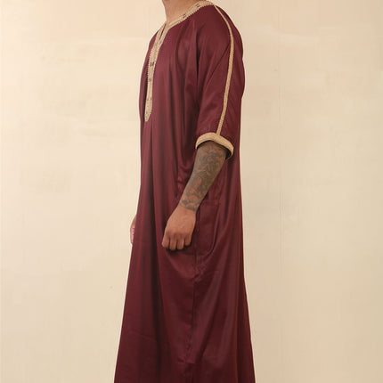 Men's Burgundy Moroccan Thobe Jubba Robe Eid Djellaba Gandoura
