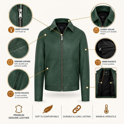 Mens Leather Green Harrington Collar Biker Jacket - Alpha