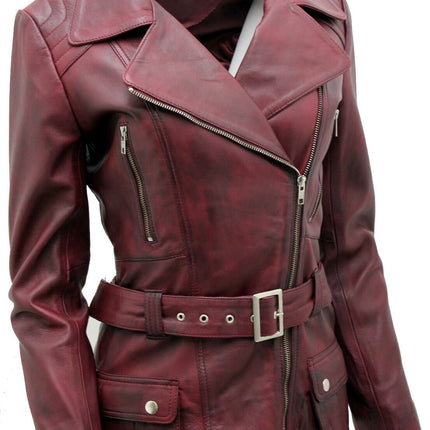 Womens Long Leather Biker Jacket-Quito