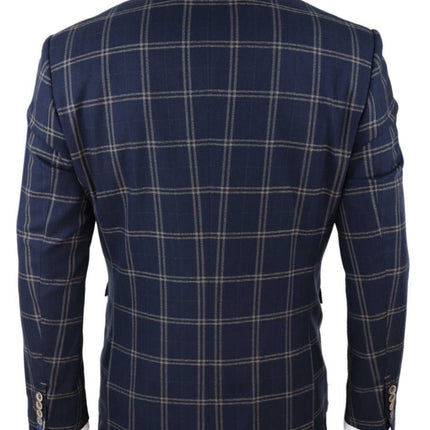 Mens 3 Piece Navy Blue And Tan Check Tweed Retro Classic Suit