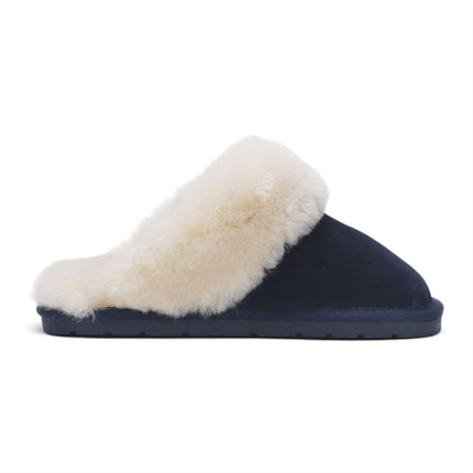 Women's Genuine Sheepskin Navy Blue Suede Mule Winter Slippers - Luna