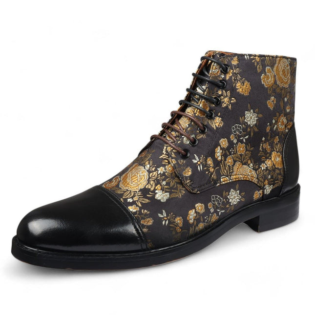 Justin Reess Men's Black Floral Print Leather Oxford Ankle Boots - Adam