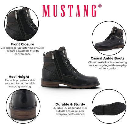 Mustang Men's Black Faux Leather Winter Lace-Up Ankle Boots - M0021001