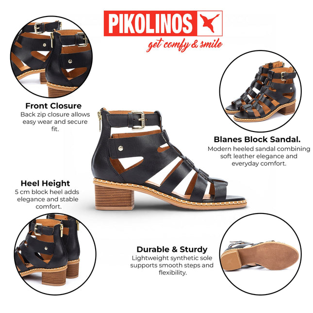 Pikolinos Women's Black Leather Block-Heel Gladiator Sandals - Blanes
