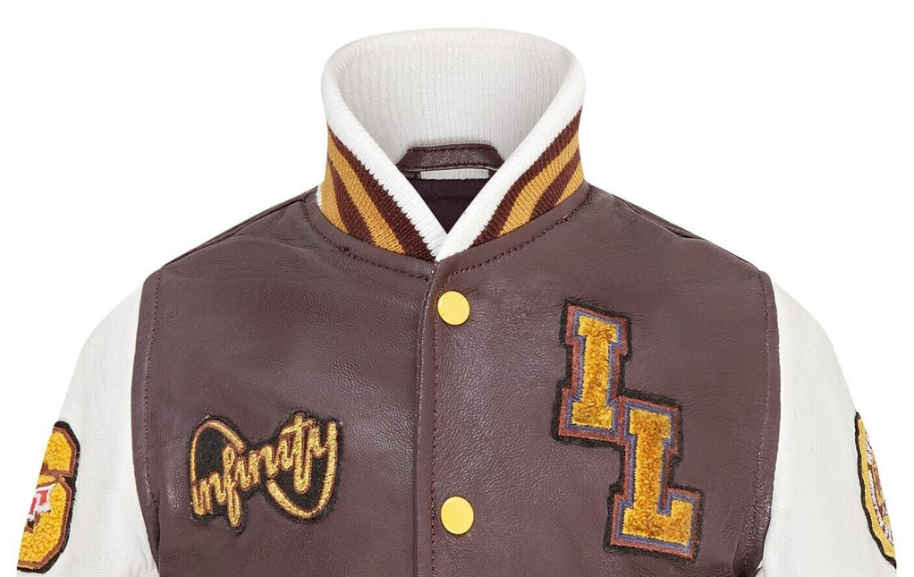 Kids Burgundy Letterman Leather Varsity College Bomber Jacket