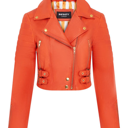 Womens Orange Cropped Brando Leather Biker Jacket-Longtown