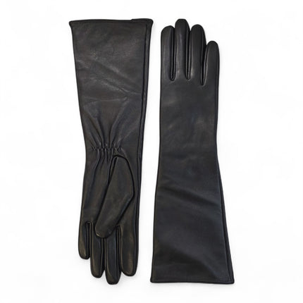Womens Long Black Italian Leather Winter Soft Wool Lining Gloves