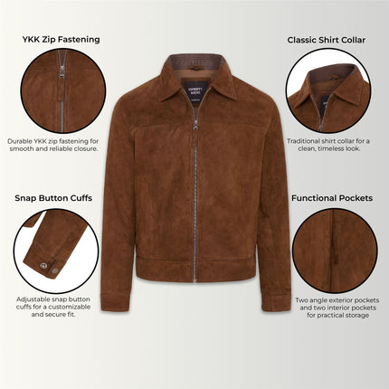 Mens Retro Brown 100% Goat Suede Leather Harington Biker Jacket