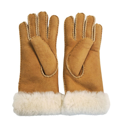 Infinity Leather Womens Tan Sheepskin Suede Gloves with Fur Cuff