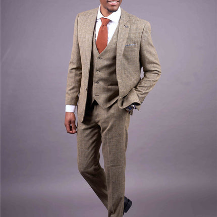 Men's 3-Piece Brown Classic Check Suit Slim Fit Plain Formal Party Suit