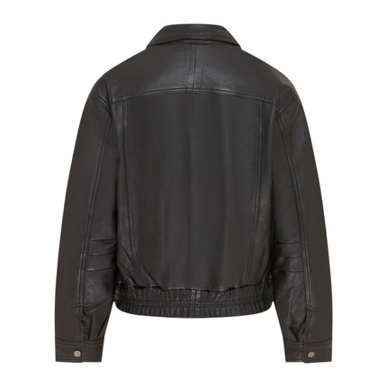 Womens Black Leather Biker Bomber Oversized Jacket - Blouson