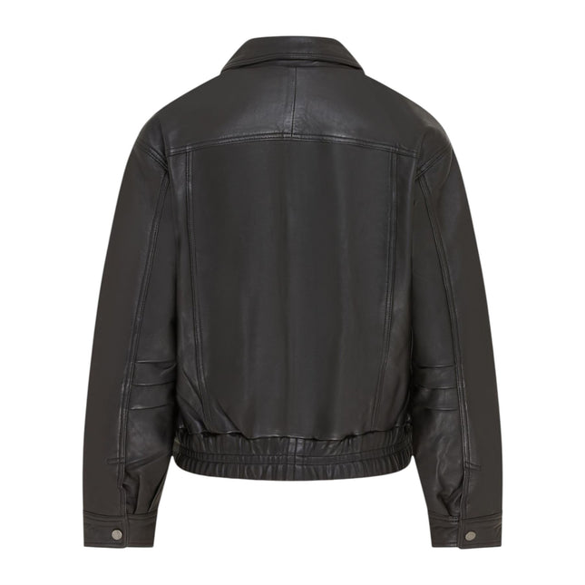 Womens Black Leather Biker Bomber Oversized Jacket - Blouson