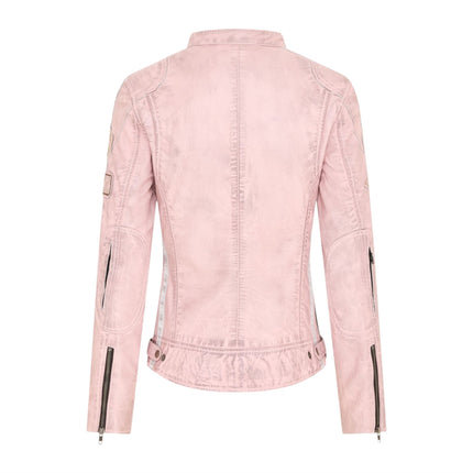 Womens Biker Racing Badges Pink Leather Jacket-Eastleigh