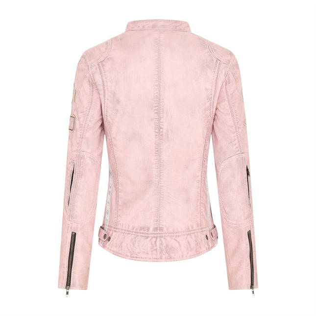 Womens Biker Racing Badges Pink Leather Jacket-Eastleigh