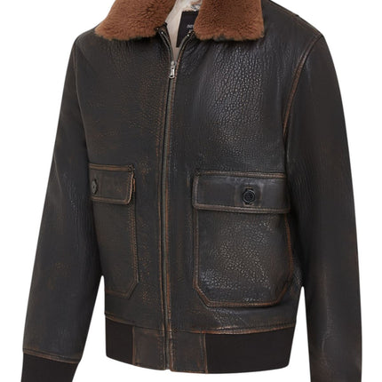 Men's Brown Leather Bomber Sheepskin Collar G-1 Pilot Jacket - Trick