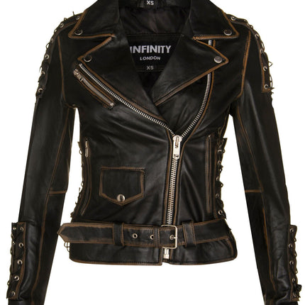 Womens Brando Black Leather Biker Jacket-Bari