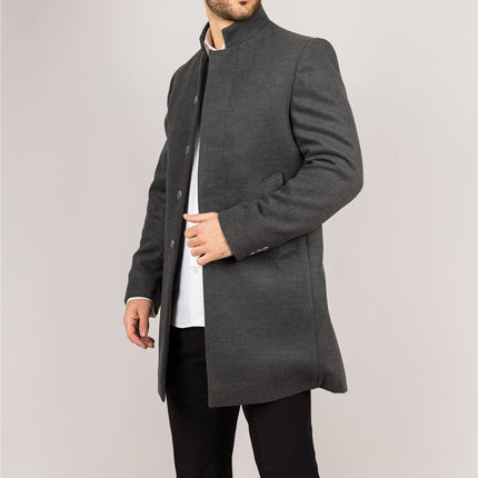 Men's Grey Stand Collar Wool Blend Overcoat