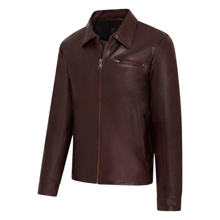 Mens Leather Brown Harrington Collar Biker Jacket - Arick