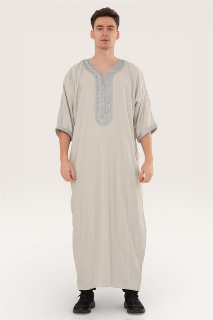 Men's Grey Moroccan Thobe Robe Eid Djellaba Gandoura Jubba- HM65
