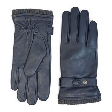 Men’s Navy Blue Italian Leather Warm Wool Lining Winter Knit Rib Gloves - M-LGV-105