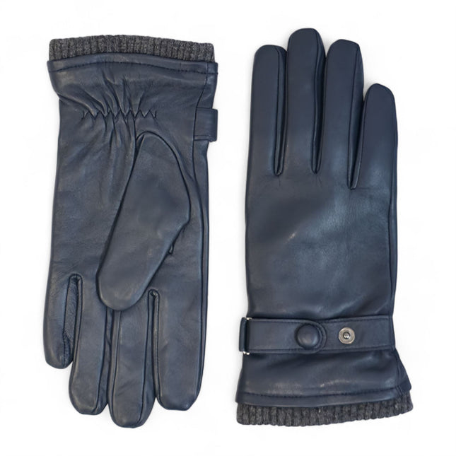 Men’s Navy Blue Italian Leather Warm Wool Lining Winter Knit Rib Gloves - M-LGV-105