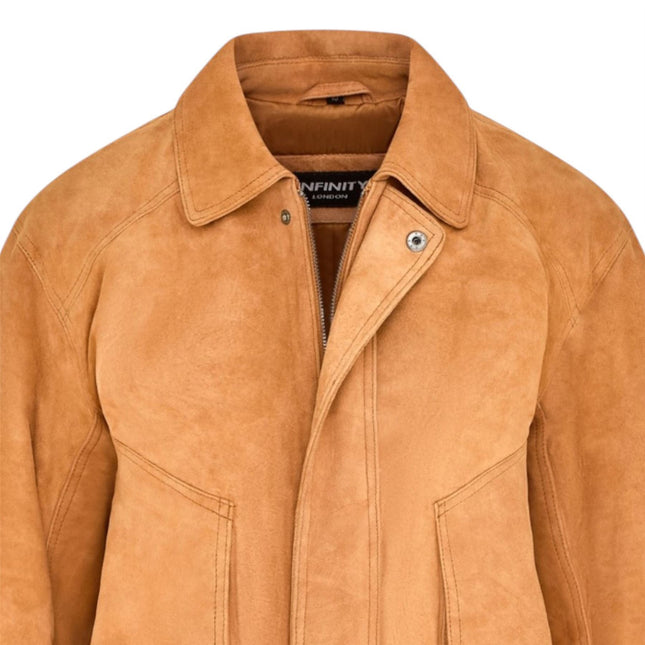 Womens Tan Leather Biker Bomber Oversized Jacket - Blouson