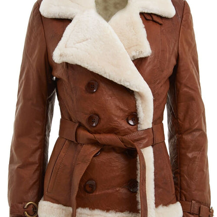 Womens Tan Double Breasted Sheepskin Aviator Jacket-Leshan