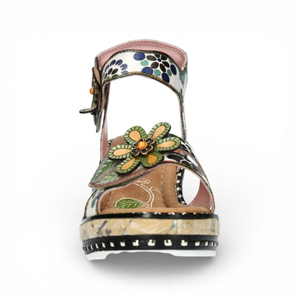 Laura Vita Women's Ballon 08 Beige Floral Leather Wedge Espadrille Sandals