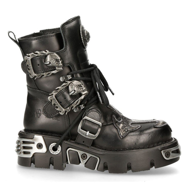 New Rock Silver Cross Black Leather Biker Boots - 407-S1