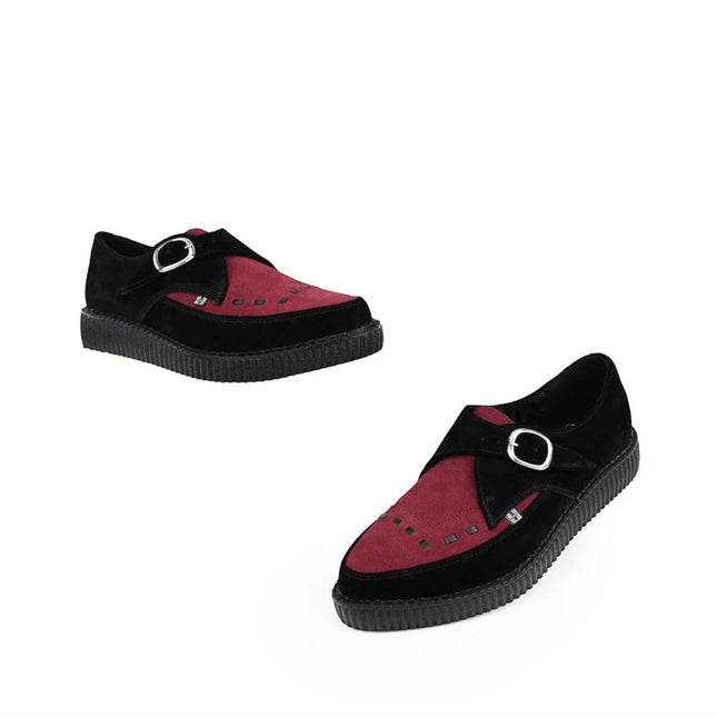 TUK Pointed Creeper Black Burgundy Suede Monk Buckle Platform Shoes - A9592