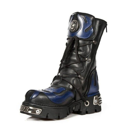 New Rock Unisex Black/Blue Leather Gothic Biker Skull Boots - 107-C5
