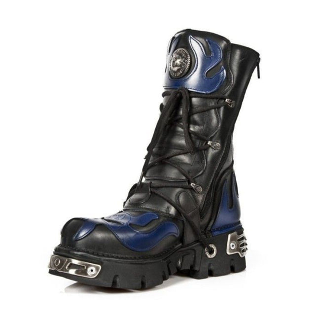 New Rock Unisex Black/Blue Leather Gothic Biker Skull Boots - 107-C5