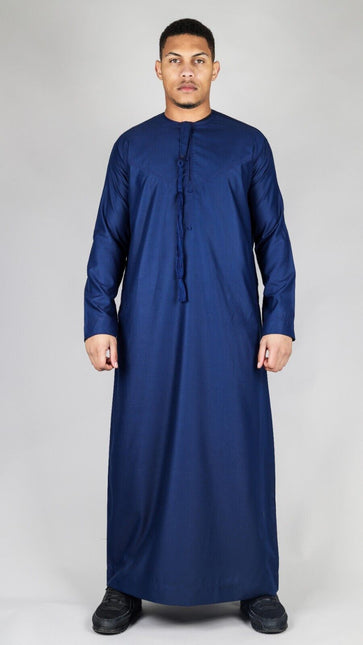 Men's Navy Blue Thobe Emirati Islamic Jubba Robe Eid Tassel Regular Fit