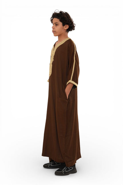 Kids Boys Ramadan Brown Moroccan Thobe Robe Djellaba Gandoura Eid Jubba- K-HM67