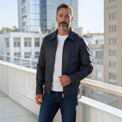 Mens Leather Blue Harrington Collar Biker Jacket - Alpha